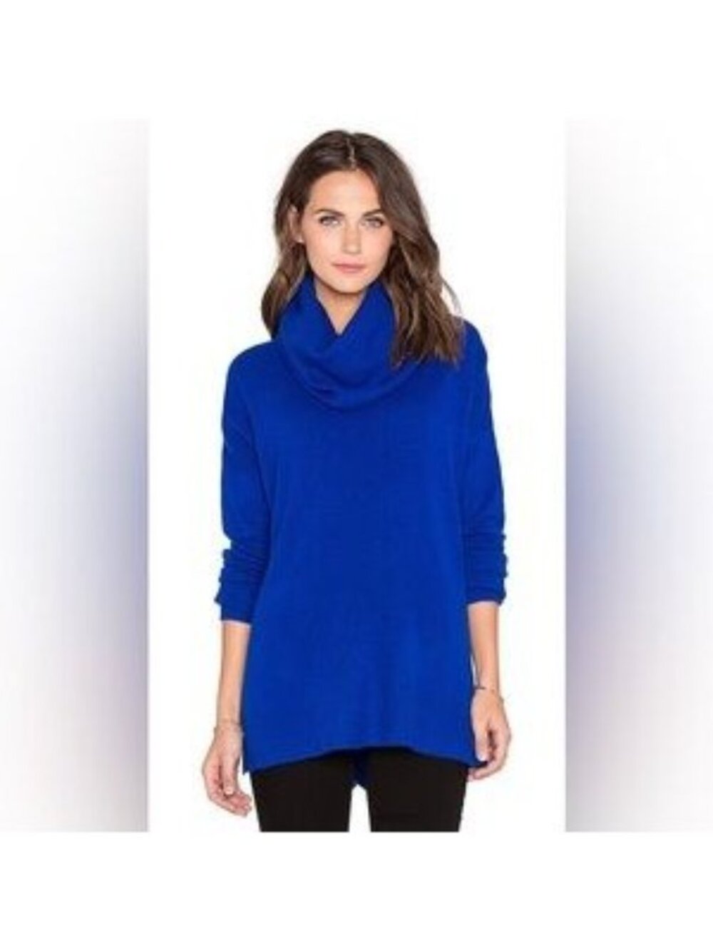 French Connection Womens S Cobalt Blue Cowlneck Slouch Long Split Sweater Cozy